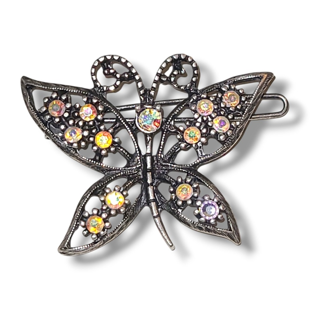 Vintage Silver Plated AB Rhinestone Butterfly Barrette Hair Clip 1.5"